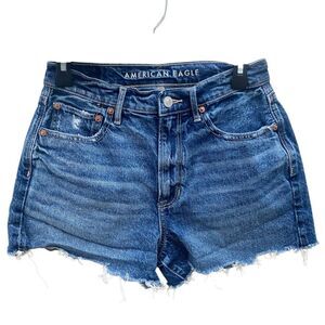 American eagle “highest rise 90’s boyfriend” dark wash distressed cut off shorts